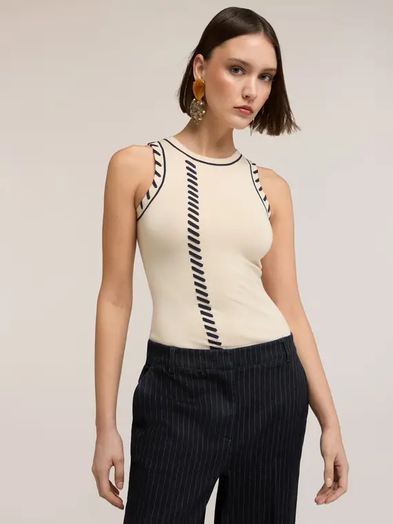 Maglia senza maniche con impunture decorative Donna, Beige