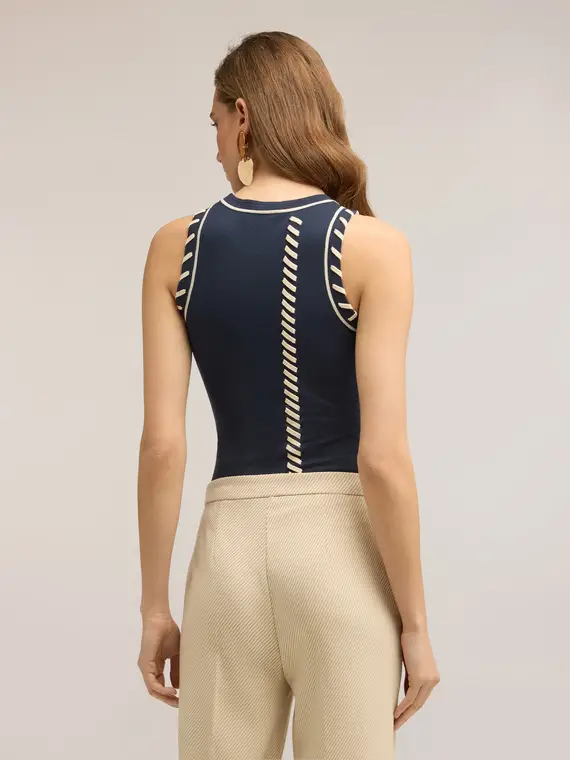 Maglia senza maniche con impunture decorative Donna, Blu miniatura 2