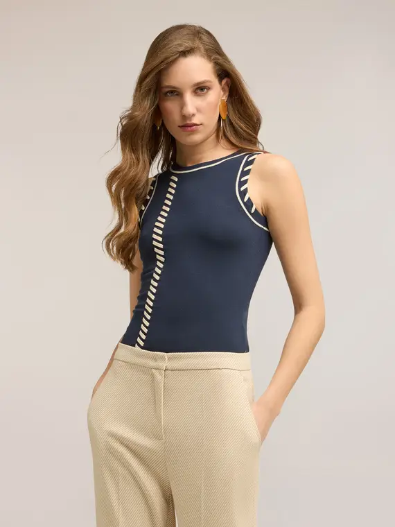 Maglia senza maniche con impunture decorative Donna, Blu