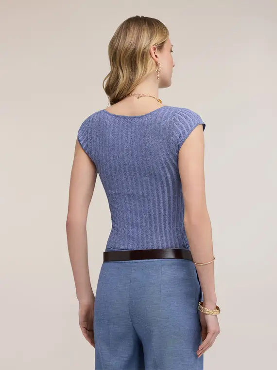 Maglia slim in lurex a coste Donna, Blu miniatura 2