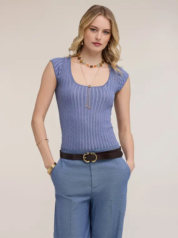 Maglia slim in lurex a coste Donna, Blu
