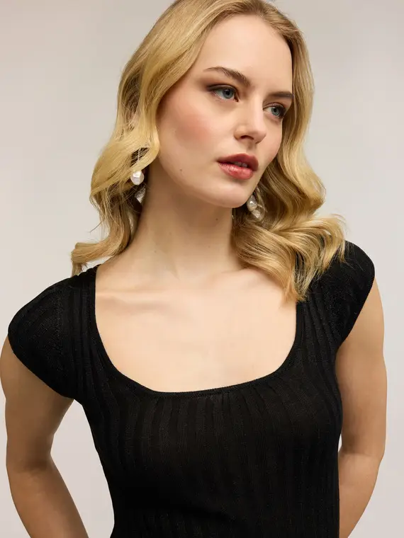 Maglia slim in lurex a coste Donna, Nero miniatura 3