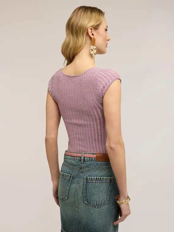 Maglia slim in lurex a coste Donna, Rosa miniatura 2