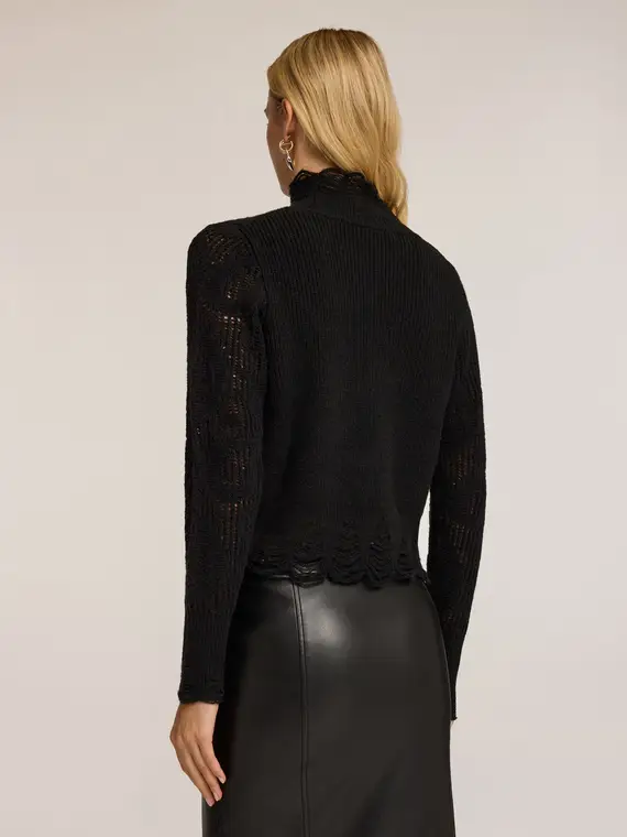Maglia traforata con collo alto Donna, Nero miniatura 2
