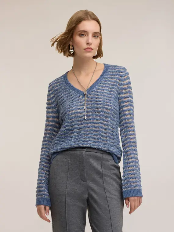 Maglia traforata con maniche flare Donna, Azzurro miniatura 3