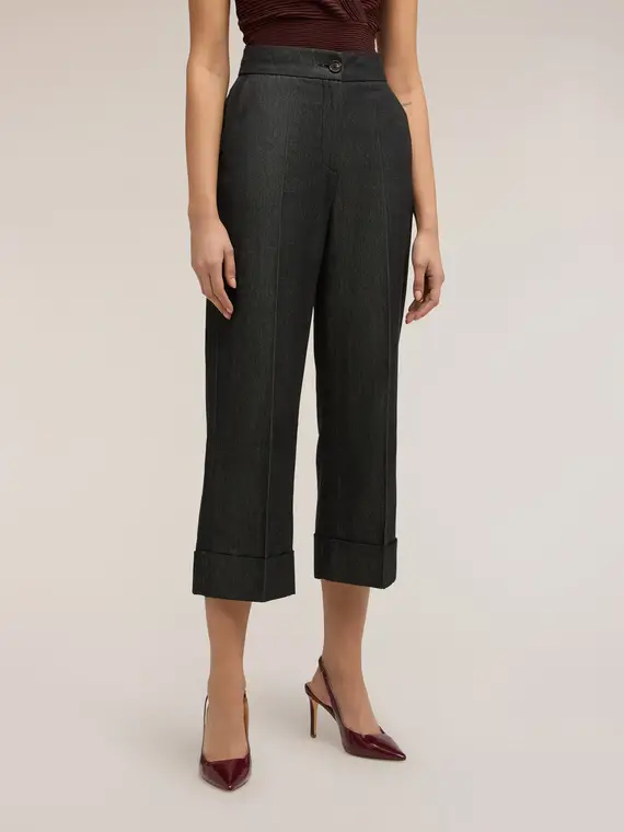 Pantaloni cropped misto ramiè Donna, Grigio miniatura 3