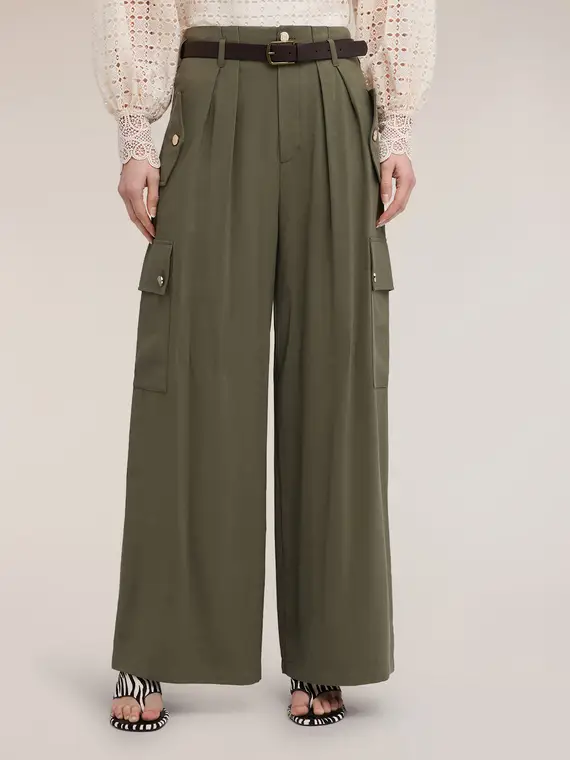 Pantaloni palazzo con tasche cargo Donna, Verde militare miniatura 3
