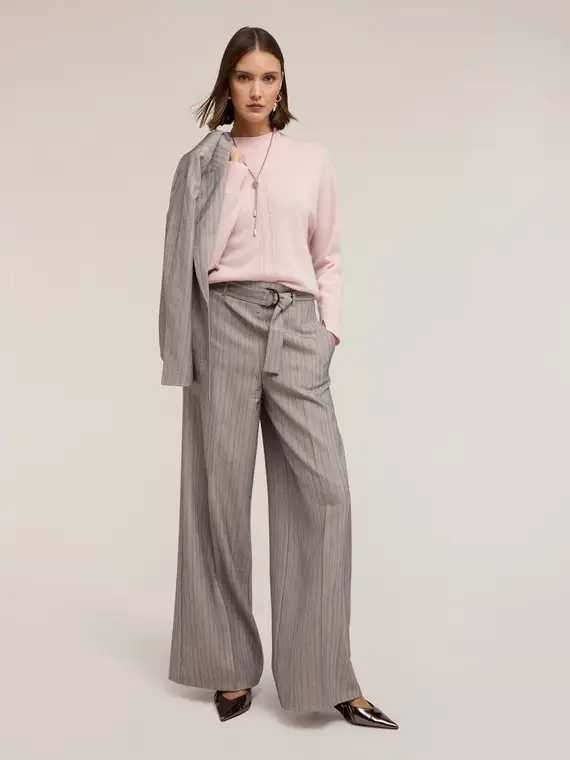 Pantaloni palazzo gessati con cintura Donna, Grigio