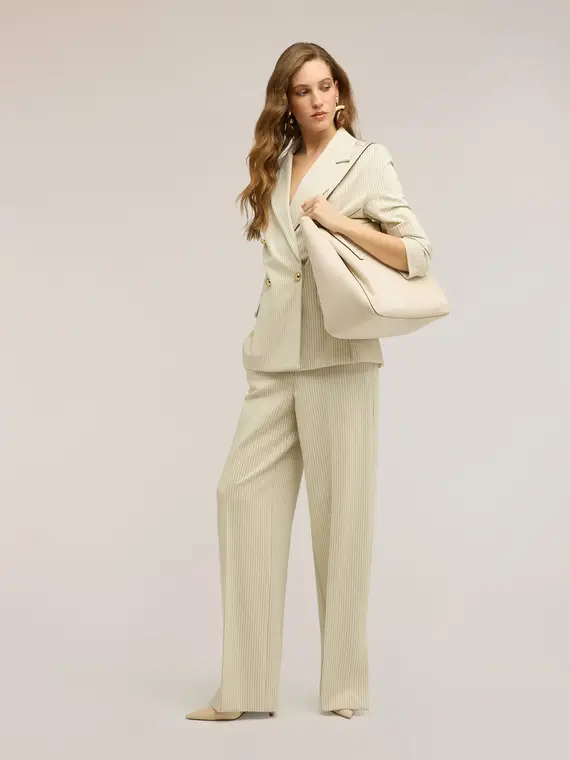Pantaloni palazzo in punto milano gessato con spacco Donna, Bianco