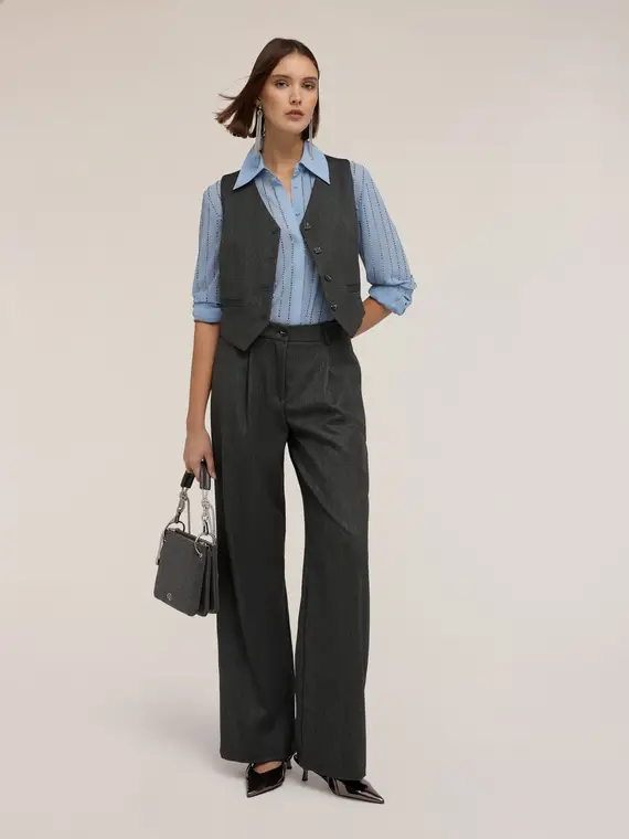 Pantaloni palazzo in tinto filo Donna, Grigio miniatura 3