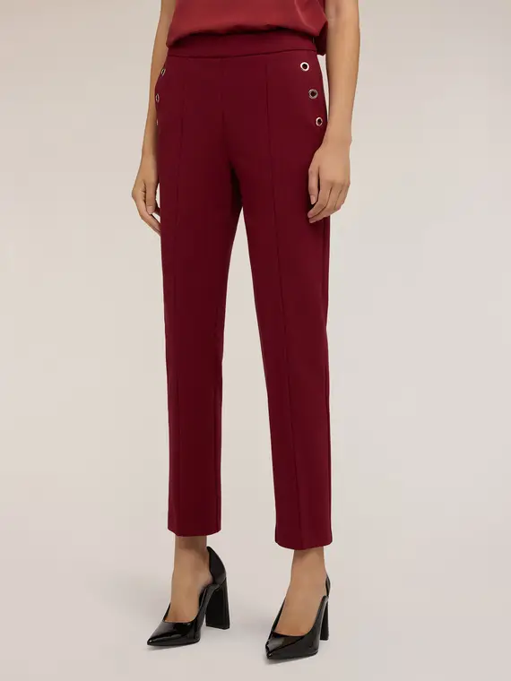 Pantaloni regular con motivo occhielli Donna, Bordeaux miniatura 3