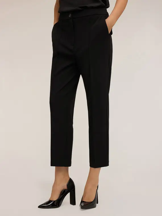 Pantaloni regular in tessuto crêpe Donna, Nero miniatura 3