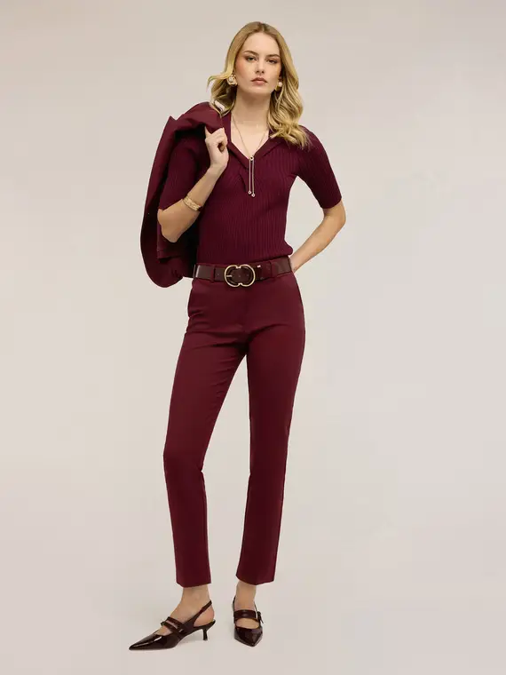 Pantaloni regular misto cotone viscosa Donna, Bordeaux