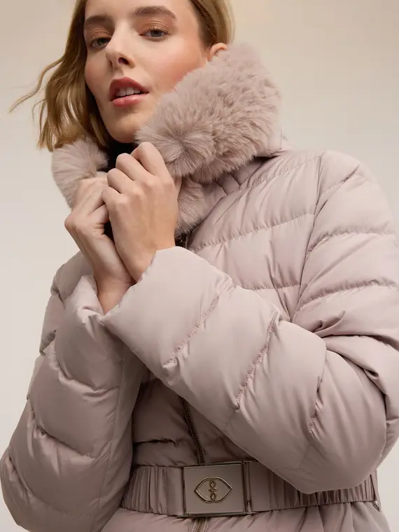 Piumino lungo con cappuccio Donna, Beige miniatura 3