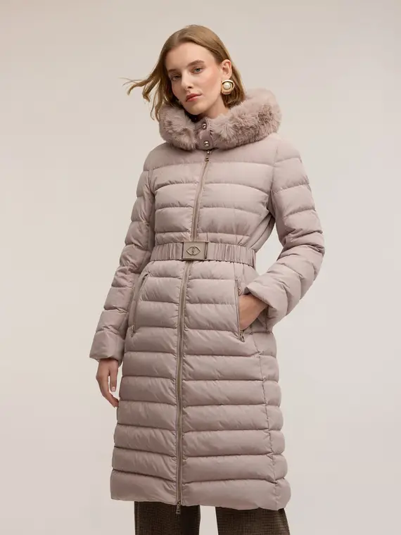 Piumino lungo con cappuccio Donna, Beige