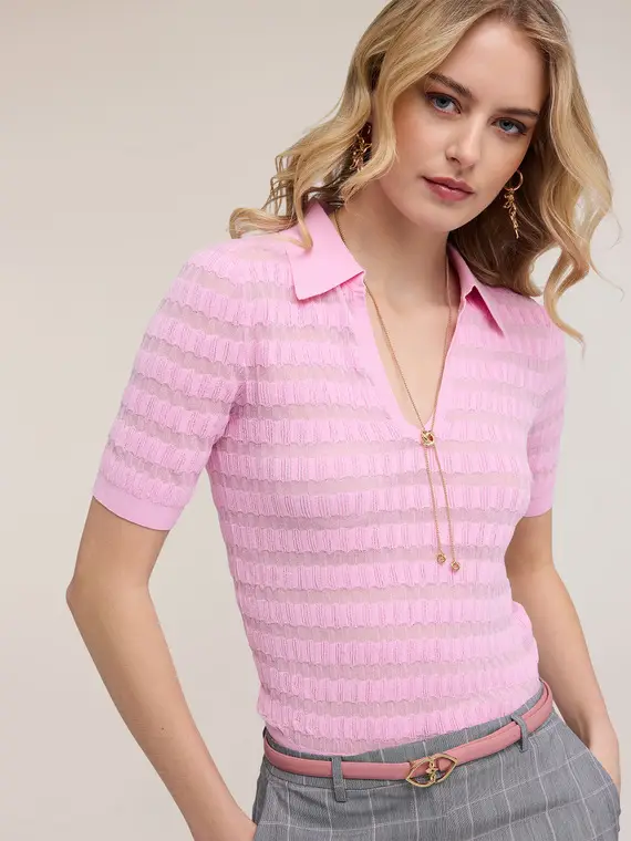 Polo in maglia fine con lavorazione ajouré Donna, Rosa