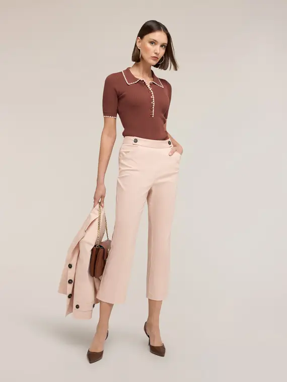 Polo in maglia fine con smerlo Donna, Marrone