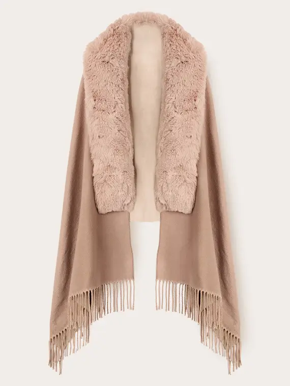 Poncho in panno con frange Donna, Beige miniatura 2