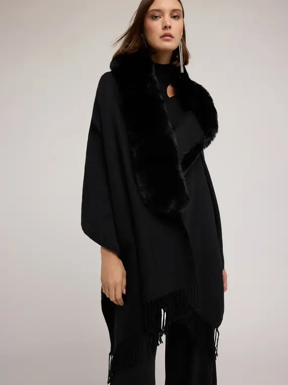 Poncho in panno con frange Donna, Nero