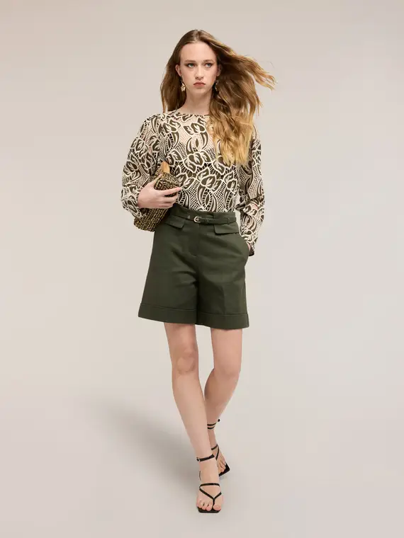 Shorts a vita alta misto cotone Donna, Verde militare