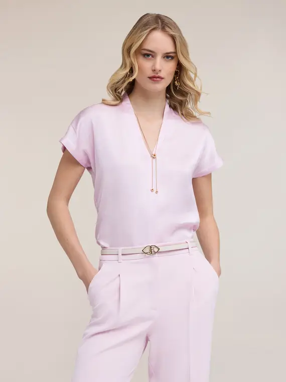 T-shirt bimaterica con scollo a V Donna, Rosa