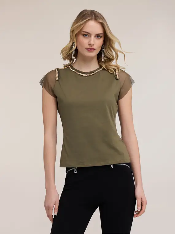 T-shirt con maniche in tulle e ricami gioiello Donna, Verde militare