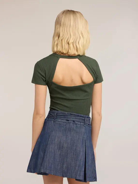 T-shirt in jersey a coste con cut-out Donna, Verde militare miniatura 2