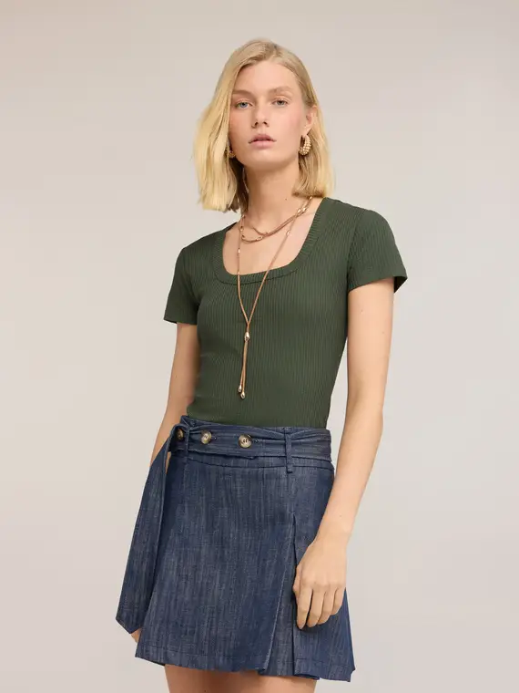 T-shirt in jersey a coste con cut-out Donna, Verde militare miniatura 3