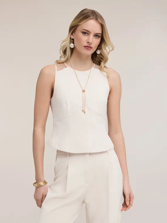 Top in crêpe con inserti in tulle Donna, Beige