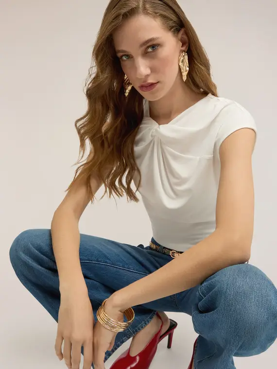 Top in jersey con nodo Donna, Bianco