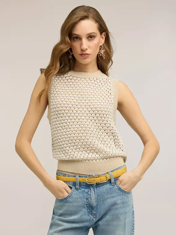 Top in maglia effetto crochet Donna, Beige
