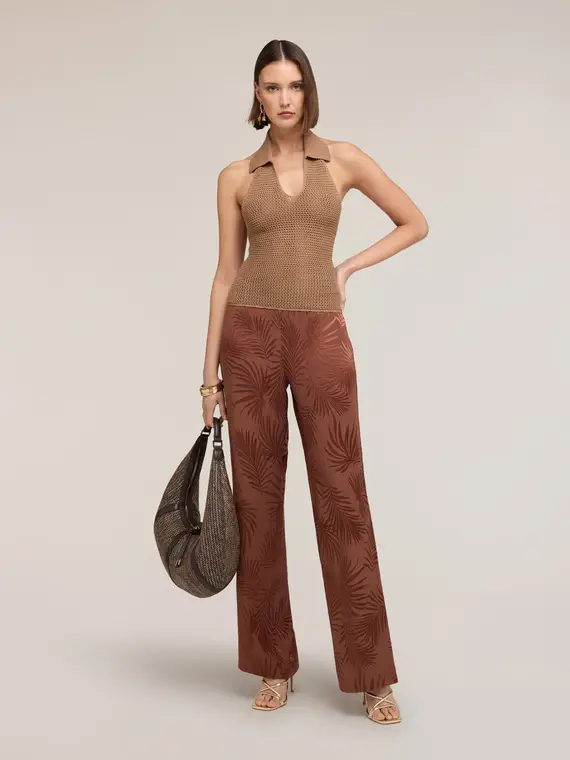 Top in maglia traforata con colletto Donna, Marrone