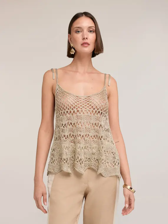 Top in maglia traforata in lurex Donna, Oro miniatura 3