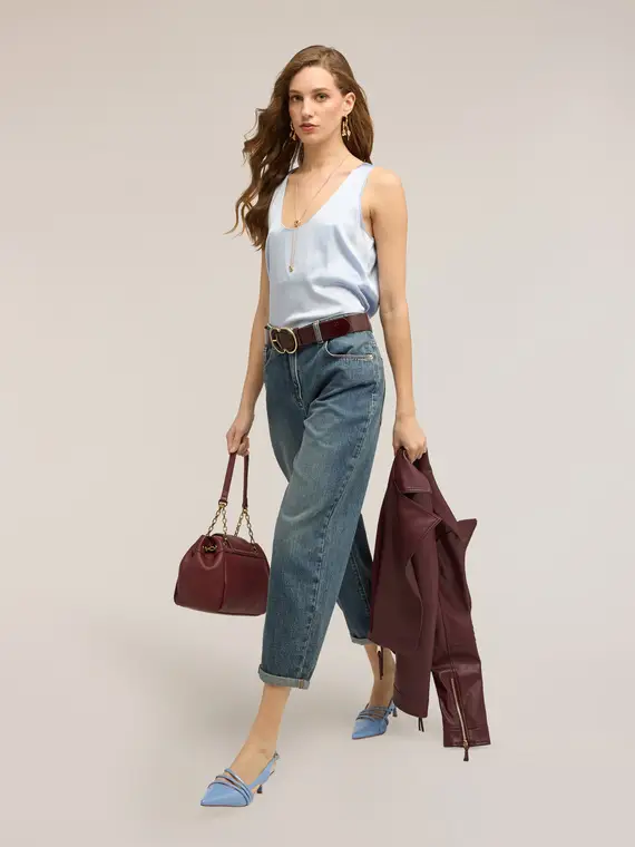 Top in raso a spalla larga Donna, Azzurro