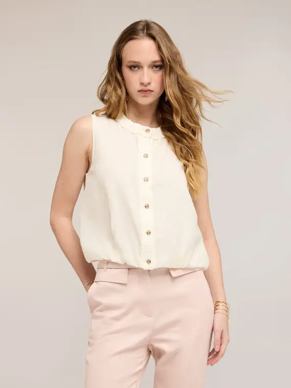 Top misto lyocell con bordi in maglia Donna, Bianco miniatura 2