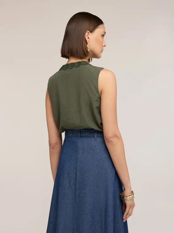 Top misto lyocell con bordi in maglia Donna, Verde militare miniatura 2