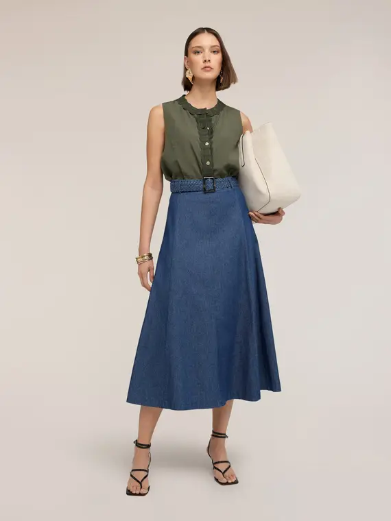 Top misto lyocell con bordi in maglia Donna, Verde militare