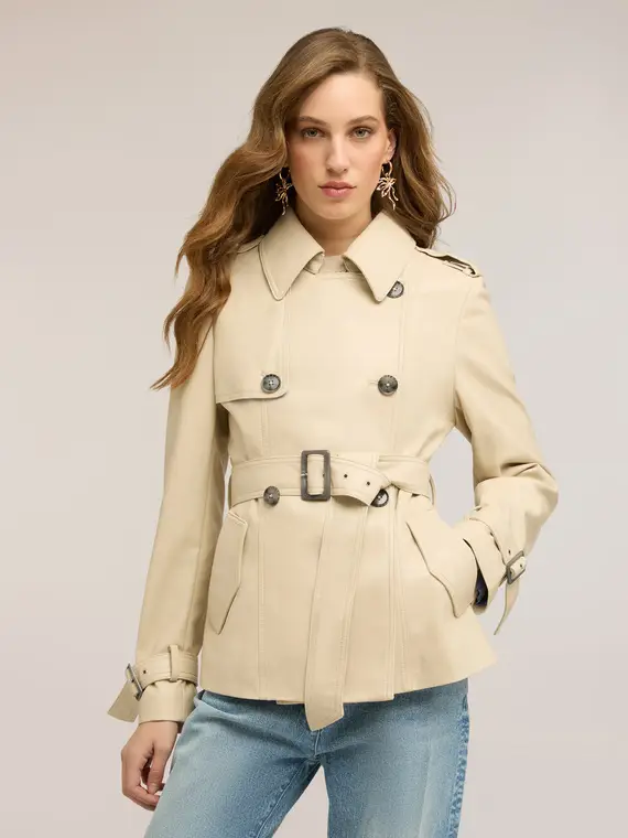 Trench corto doppiopetto con cintura Donna, Beige