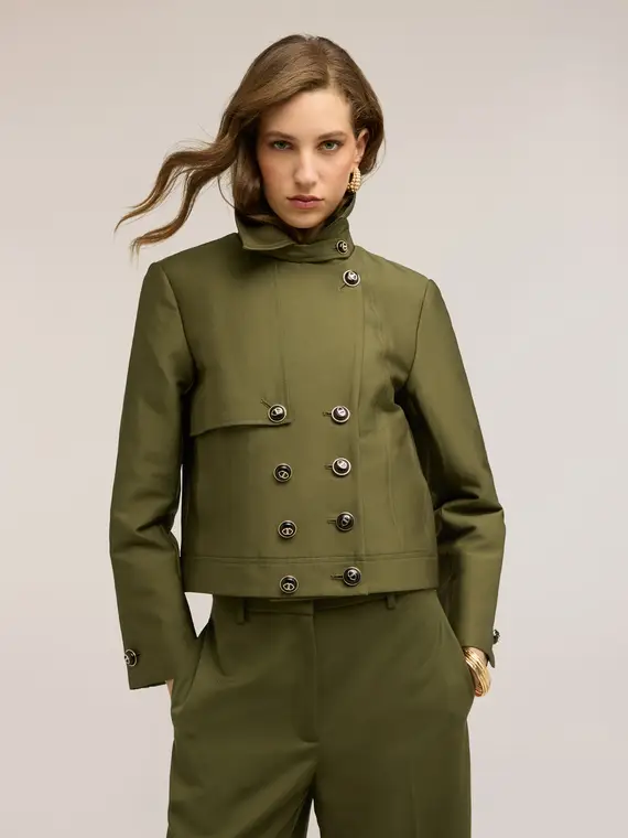 Trench corto doppiopetto in misto cotone Donna, Verde militare