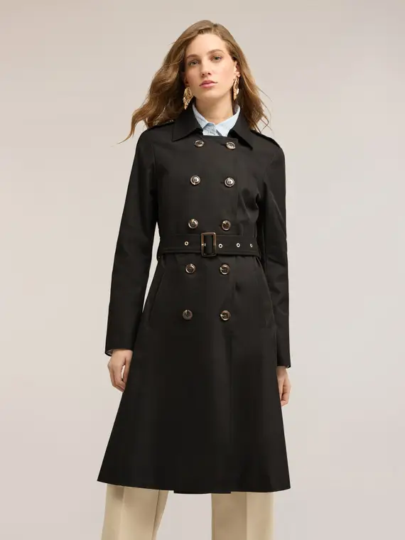 Trench in drill misto cotone con doppia cintura Donna, Nero