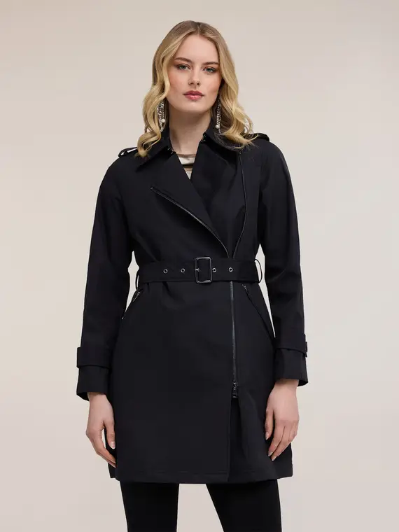 Trench in gabardine con chiusura asimmetrica Donna, Nero