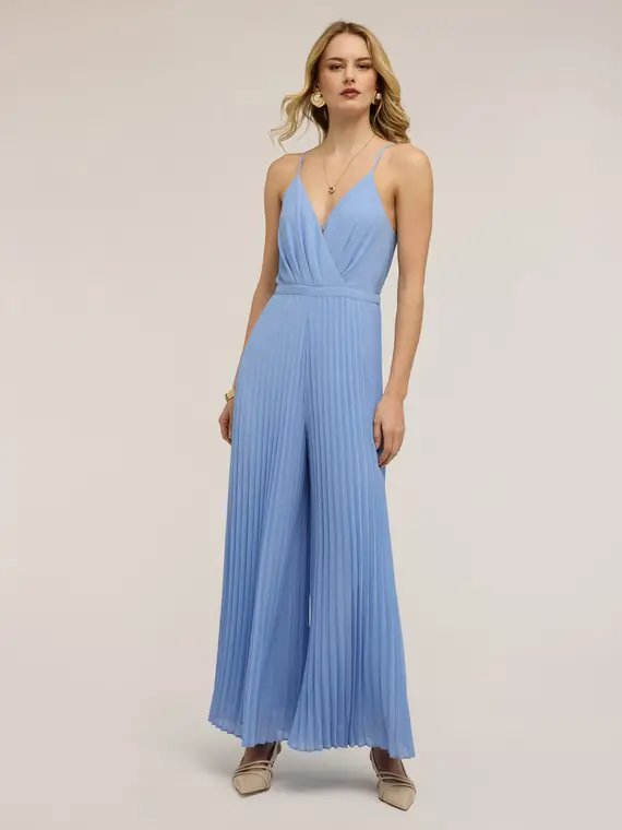 Tuta lunga plissé in georgette Donna, Azzurro miniatura 3