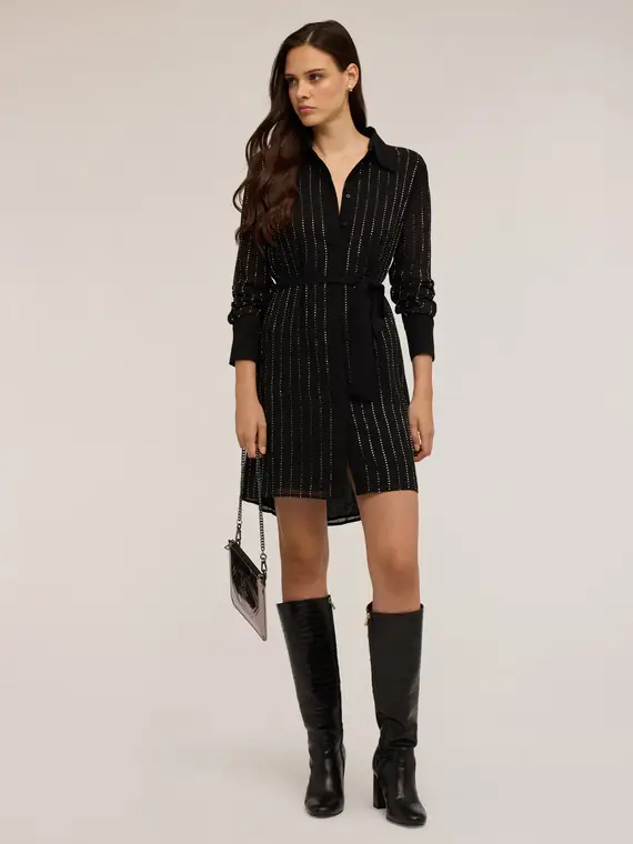 Vestito chemisier con righe di strass Donna, Nero miniatura 3
