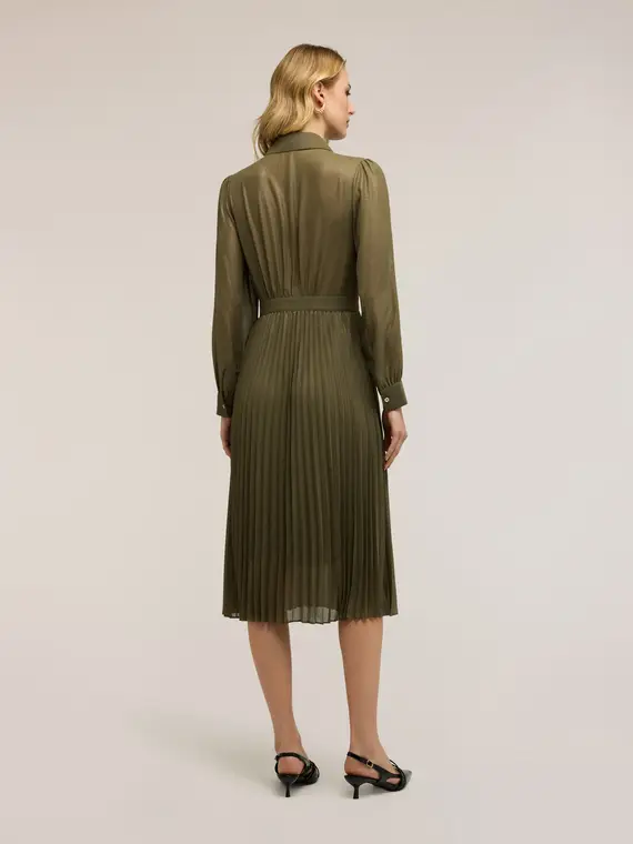 Vestito chemisier in georgette plissé Donna, Verde militare miniatura 2