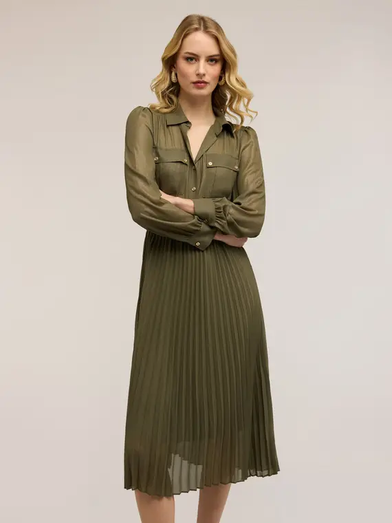 Vestito chemisier in georgette plissé Donna, Verde militare miniatura 3