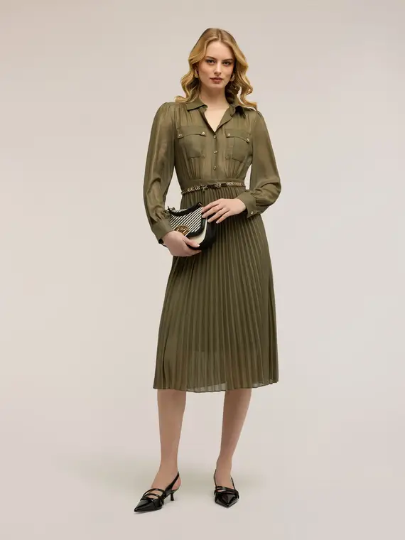 Vestito chemisier in georgette plissé Donna, Verde militare