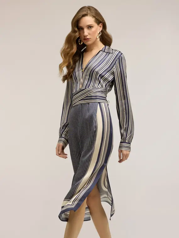 Vestito chemisier in raso fantasia foulard Donna, Blu miniatura 3