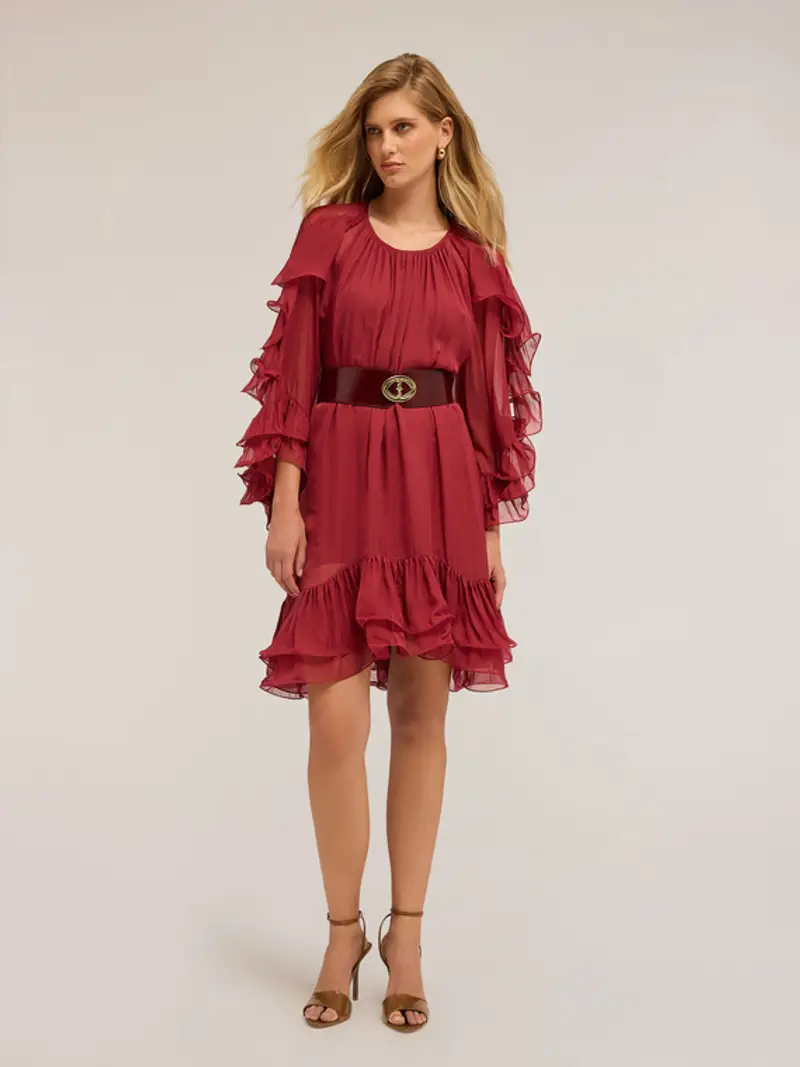 Vestito corto con rouches Donna, Bordeaux