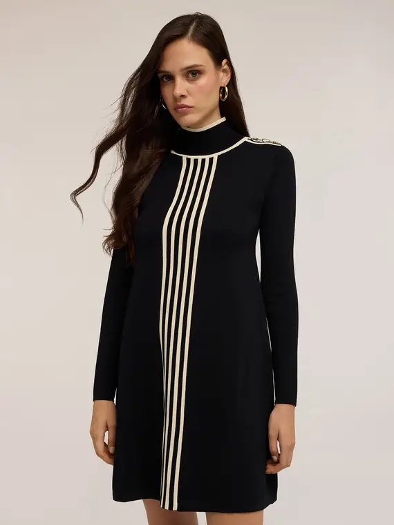 Vestito corto in maglia con profili in contrasto colore Donna, Nero miniatura 3
