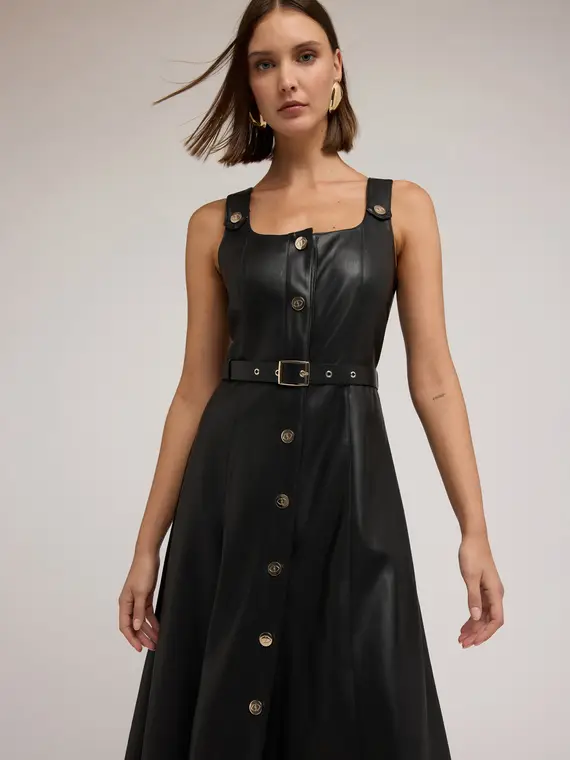 Vestito flare con cintura in tessuto spalmato Donna, Nero miniatura 3